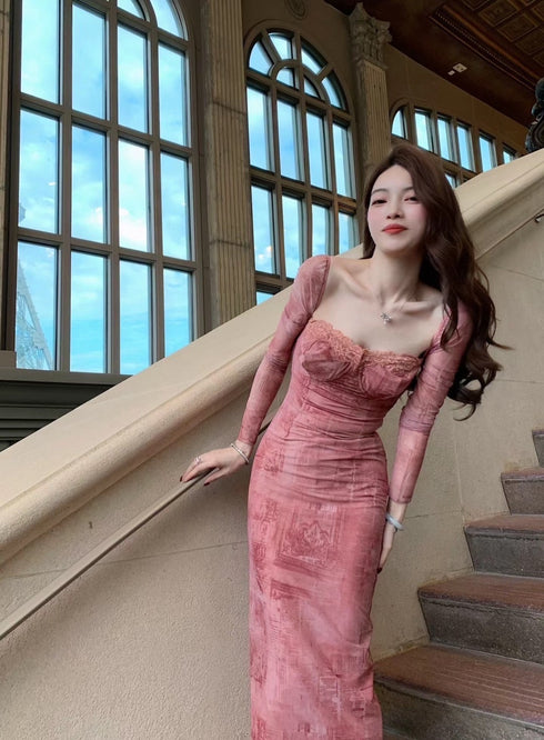 Women Deep Neckline Long Sleeves Long Dresses